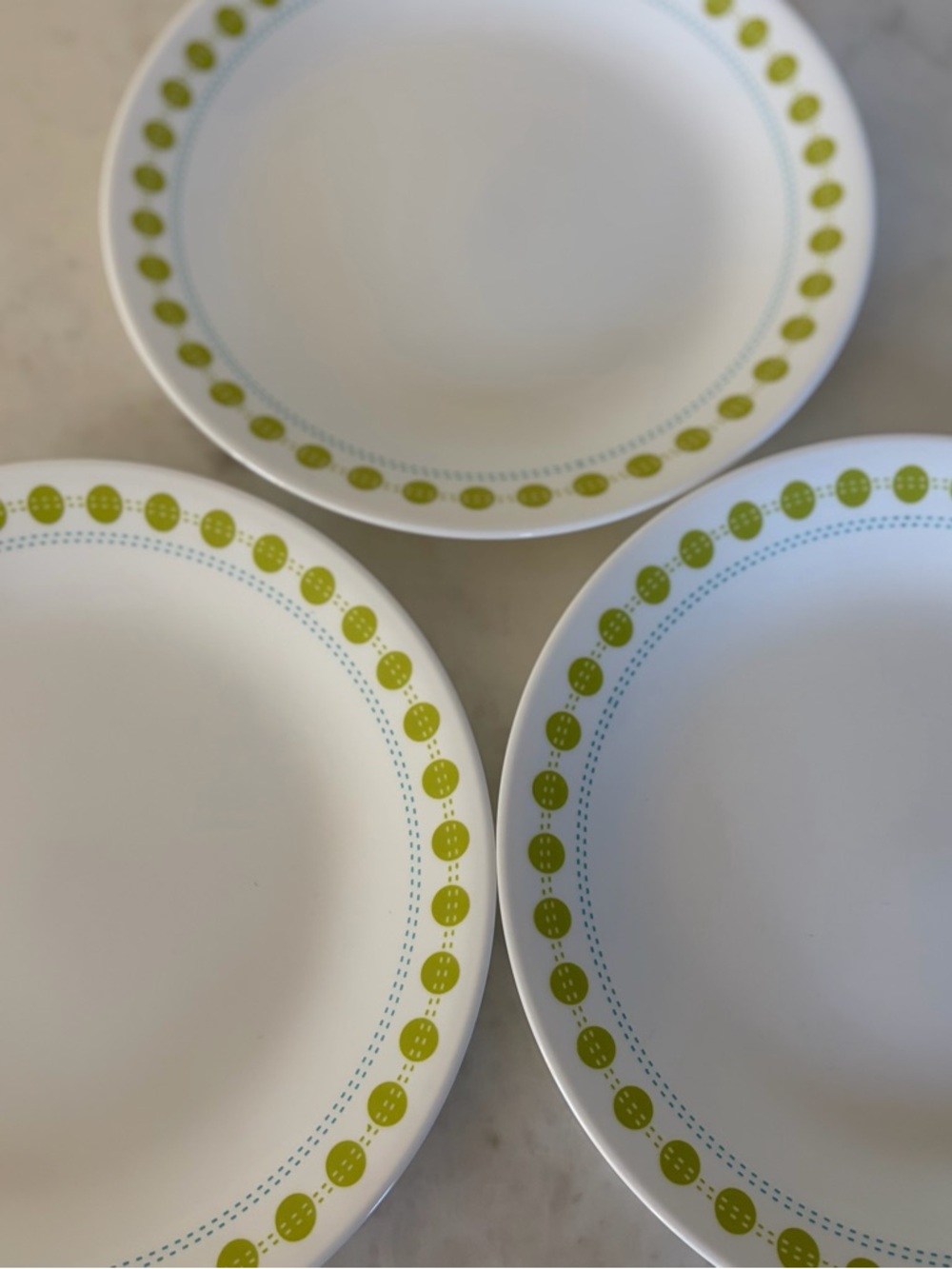 CORELLE South Beach Luncheon 8.5" Plates Set of 3 Retro Green Dot Salad Dessert